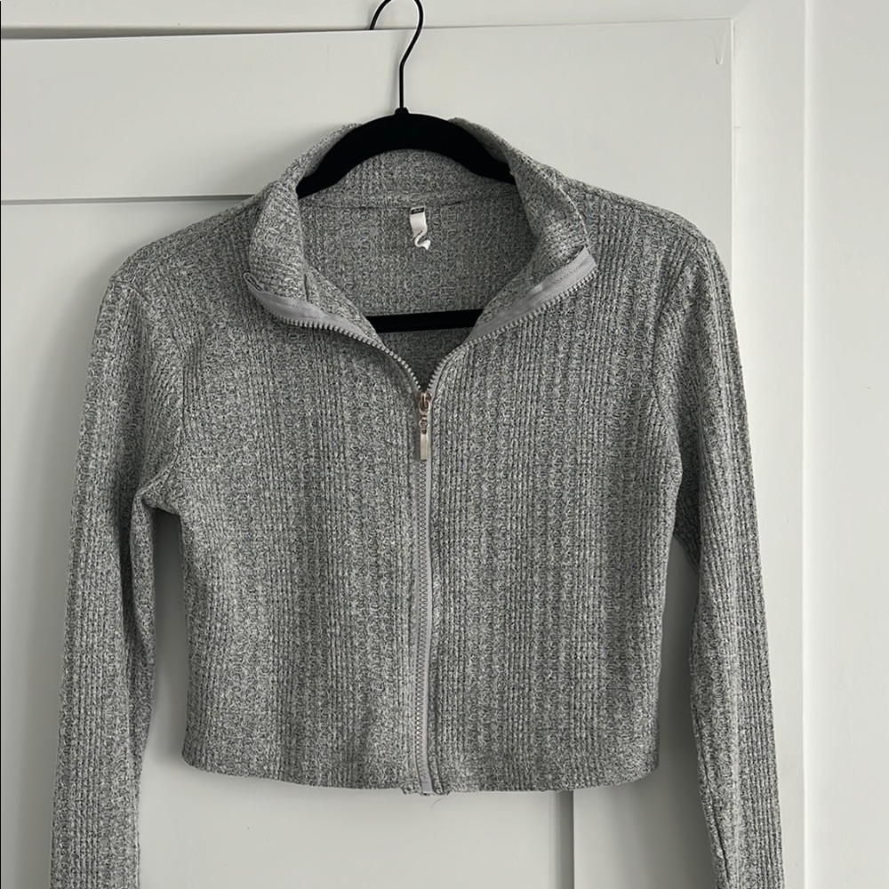 Textured Gray Zip-Up Sweater